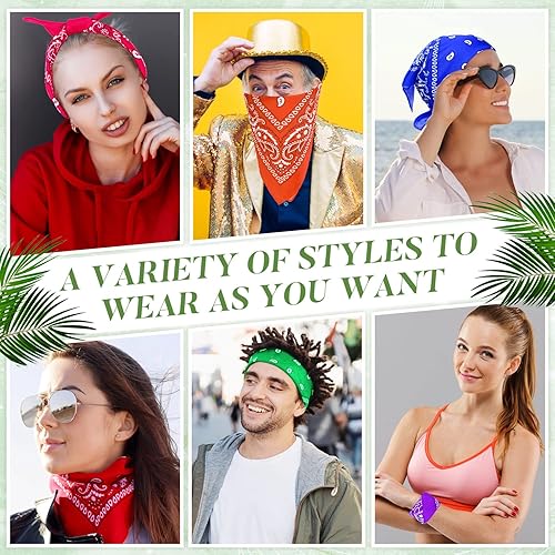 Miniatura 6 de Paquete de 100 bandanas unisex de cachemira a granel, multiusos, envoltura para la cabeza de vaquero, suministros de fiesta, 21.26 pulgadas