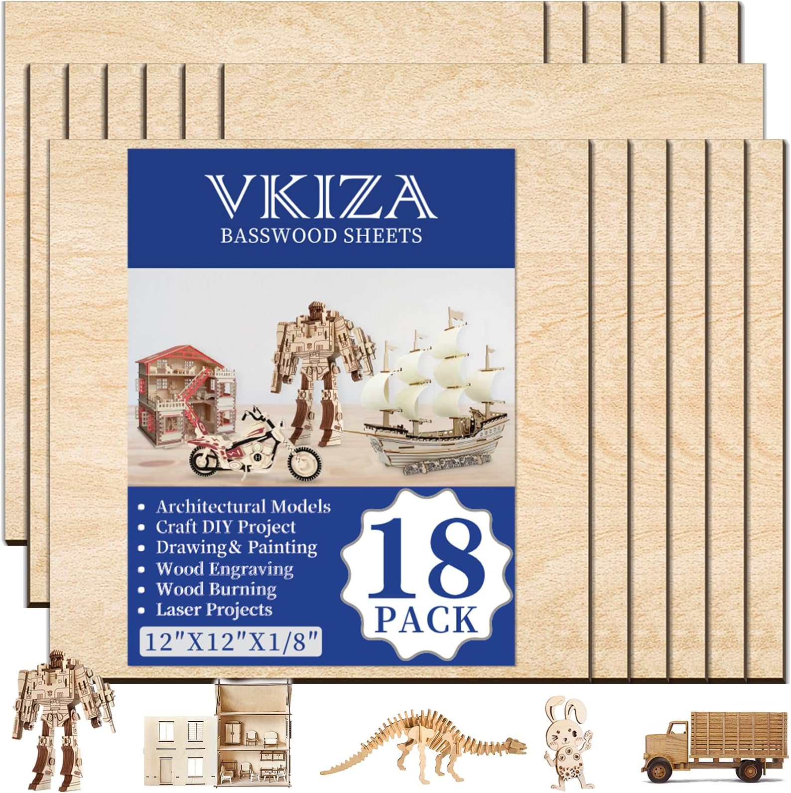 VKIZA18 Pack Balsa Wood Sheets 12"x12"x1/8" for Crafts, DIY Ornaments and Models