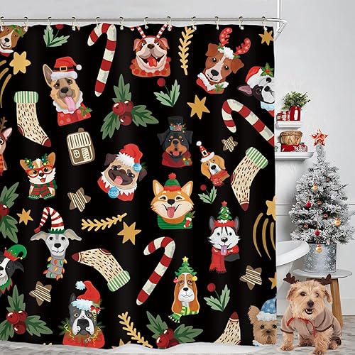 Miyotaa Juego de cortinas de ducha de perro de Navidad de 60 pulgadas de ancho x 71 pulgadas de alto, sombreros de Corgi de Papá Noel, festival de