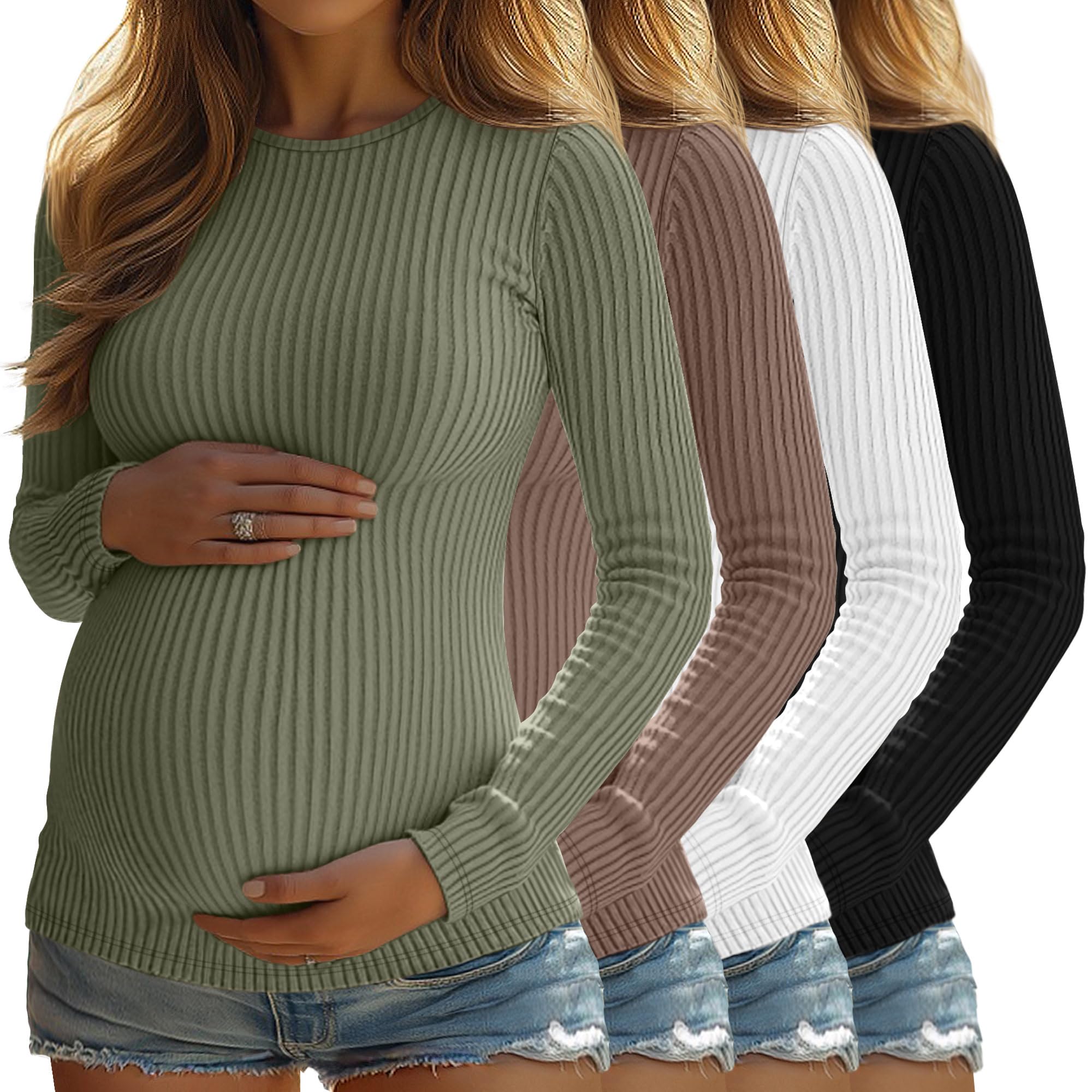 Xuniea Lot de 4 T Shirts Maternité Femme Maille Côtelée Manches Longues Col Rond Tunique Basique Décontractée