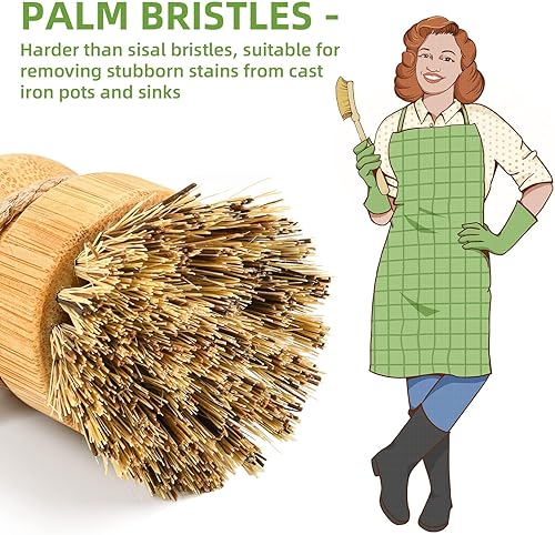 Miniatura 3 de SUBEKYU Juego de 2 cepillos de bambú para limpiar platos, juego de limpieza de madera para lavar sartenesollas de hierro fundido