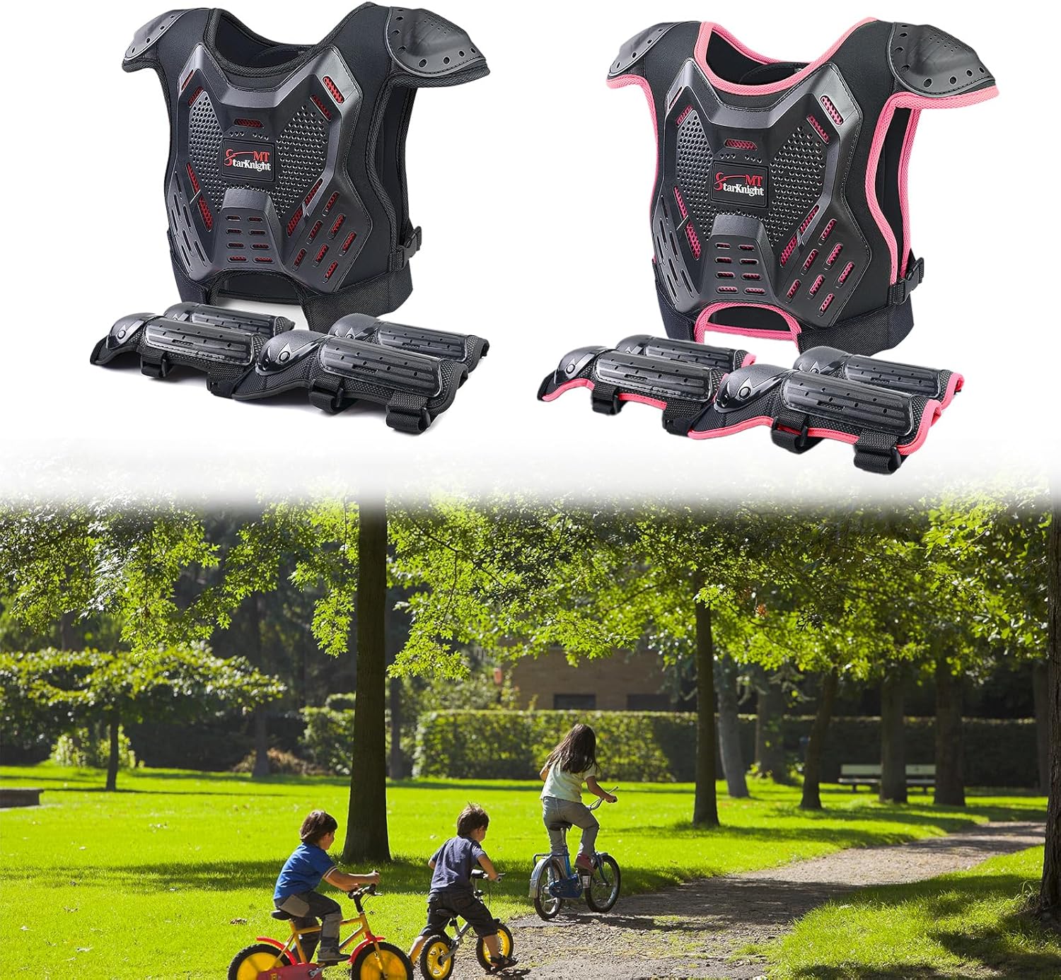StarknightMT Kids Dirt Bike Gear 2 Sets Black Pinkish, Youth Motorcycle Riding Protective Gear Motocross Armor Suit Chest Protector for Boys Girls Mountain Biking Cycling