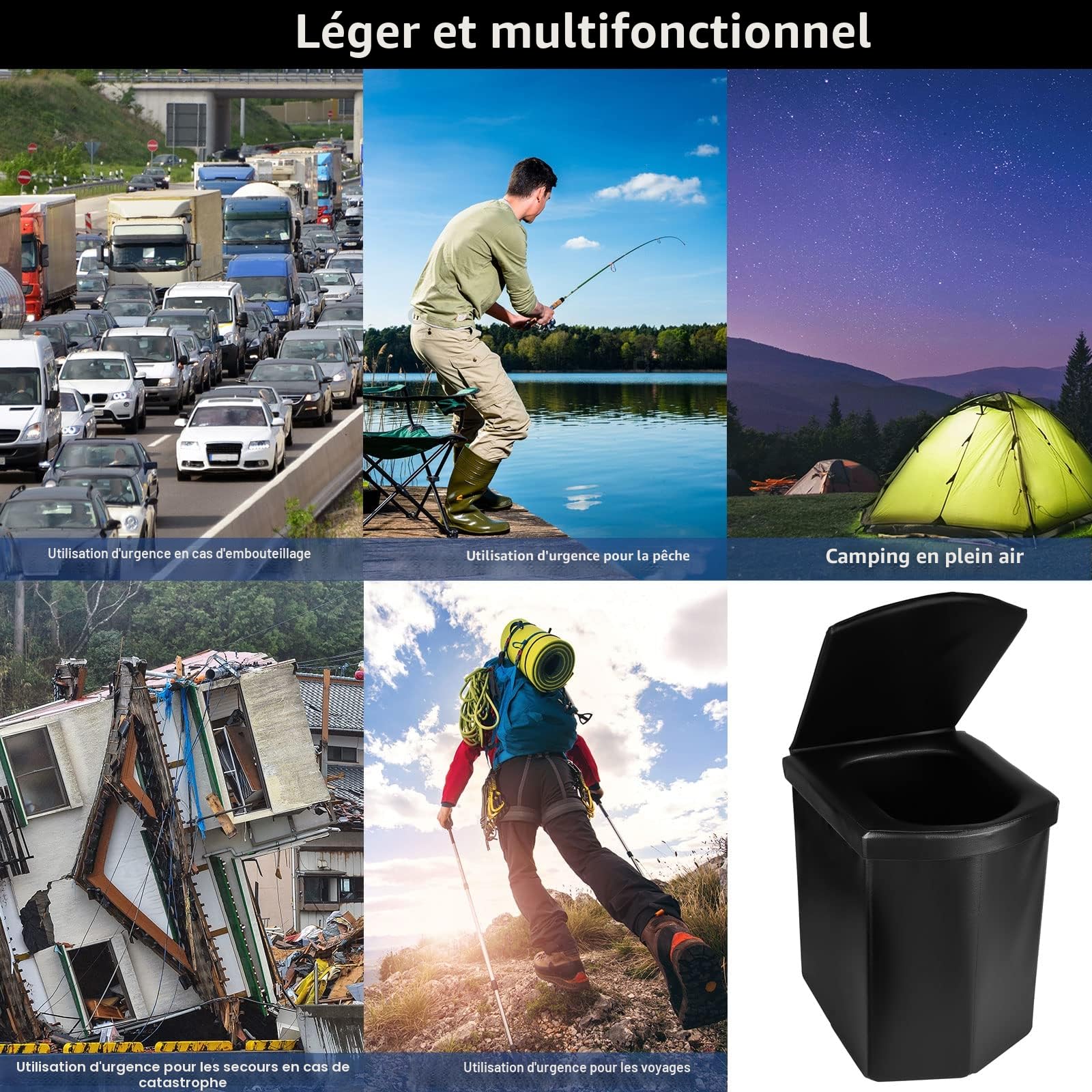 Toilette Camping Portable avec Couvercle, Toilettes Sèches WC Pliable sans Produit Chimique - Supporte Plus de 200 kg, Kit Seau Hygiénique Adulte avec 12 Sacs - Conviennent pour la Pêche, Eandonnée