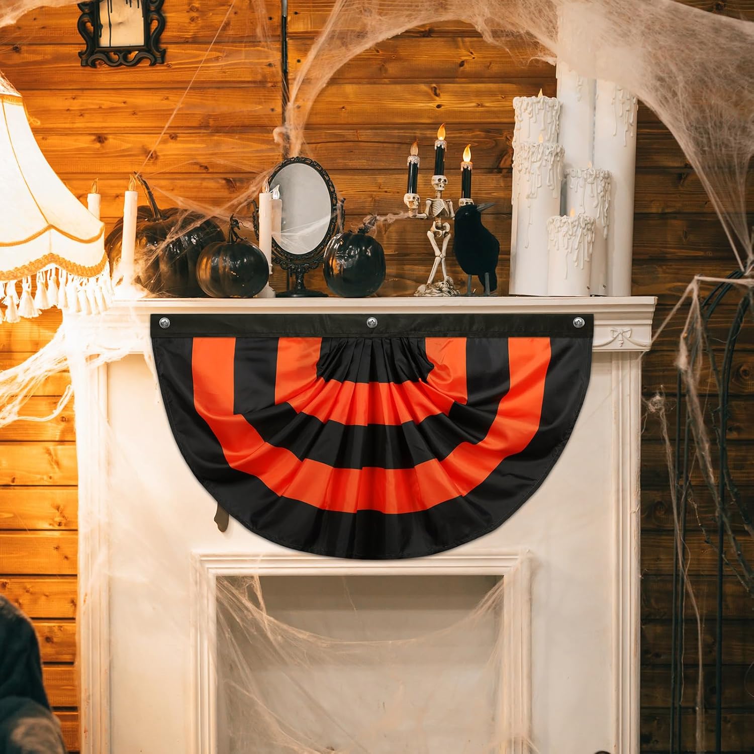 Newwiee 4 Pcs 3 x 6 ft Halloween Flag Bunting Half Fan Hanging Pleated Flag Banner with 3 Grommets for Halloween Indoor Outdoor House Holiday Party Yard Decorations Props, Black Orange