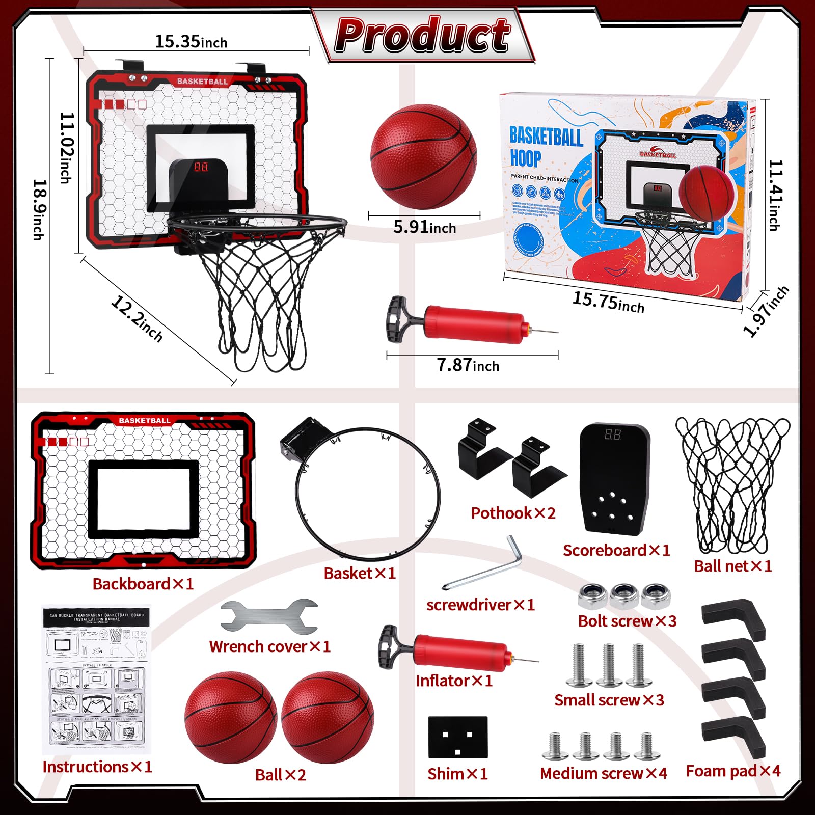 AmyBenton Basketball Hoop Back of Door for Kids Wall Mounted Mini Basketball HoopIndoor with Automatic Scoring for Toddler age 6+ - Image 3
