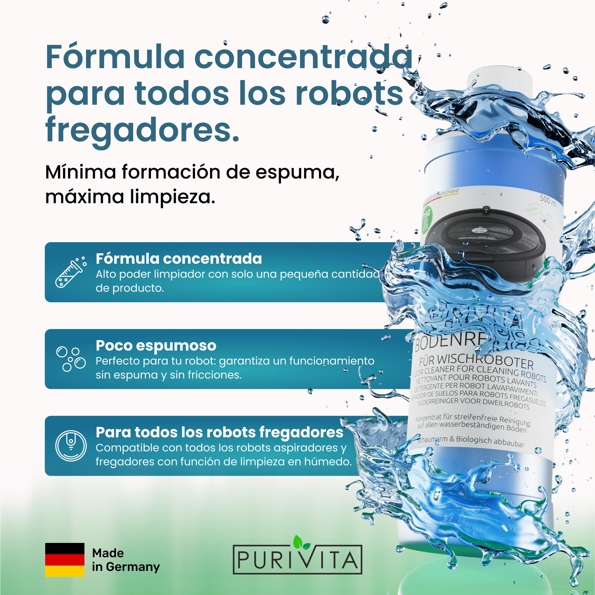 PURIVITA® Detergente Robot Aspirador 1L - Líquido para Robot Friegasuelos - Limpia Suelos para Robots Aspiradores