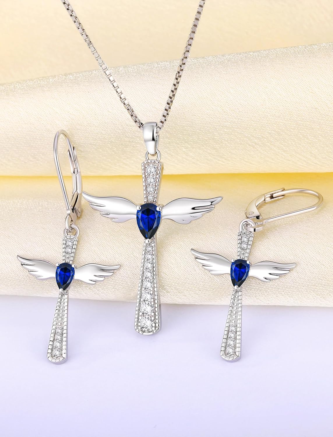 YL 925 Sterling Silver Cross Dangle Drop Earrings Pear Cut Birthstone Angel Wings Leverback Earrings for Women - Image 5