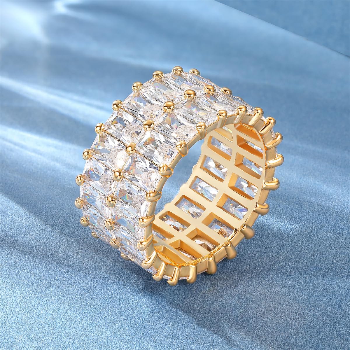 MDFUN 2 Rows Baguette Ring Eternity Bands Emerald Cut Cubic Zirconia Ring 18K White Gold/Yellow Gold Plated CZ Wedding Rings for Women Size 5-10 - Image 6