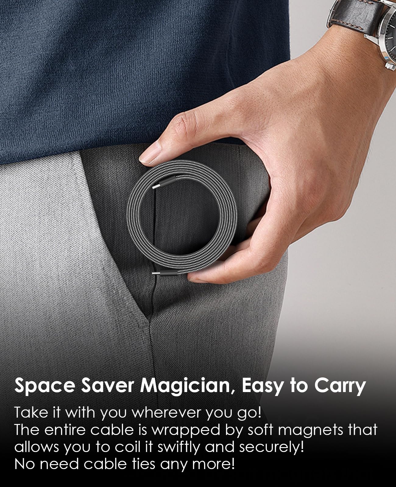 Magtame Cavo magnetico USB C piatto da USB C a USB C da 60 W (3 A), cavo di ricarica rapida retrattile da 1 m, cavo USB C flessibile, compatibile con Phone 15 Pro Max, Samsung, Pad, nero