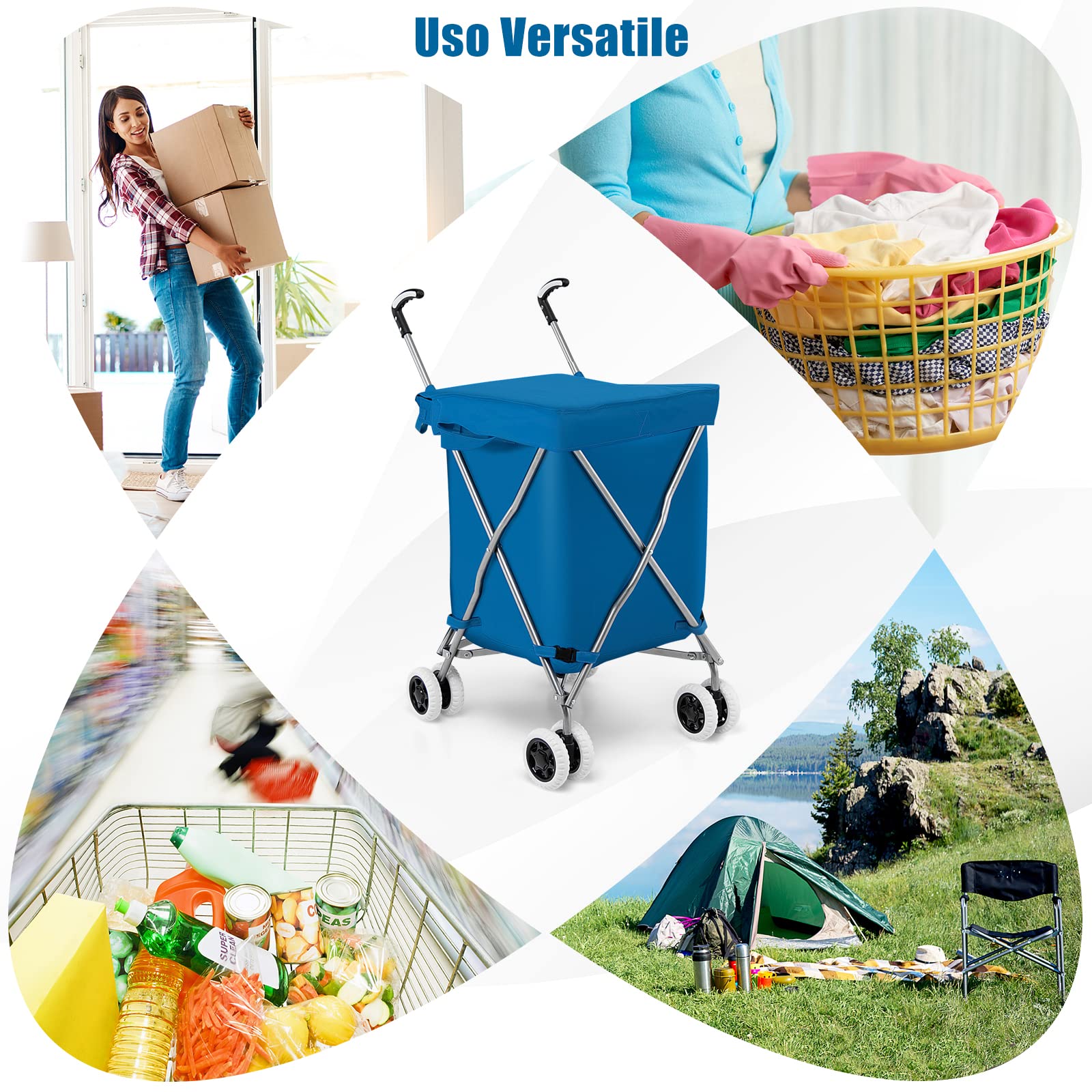 GYMAX Trolley per Spesa Pieghevole, Capienza di 90 L, Portata di 55 kg, Richiudibile e Staccabile, con 4 Ruote, Doppio Manico e Coperchio, Materiale Impermeabile, 46x66x94,5 cm (Blu)