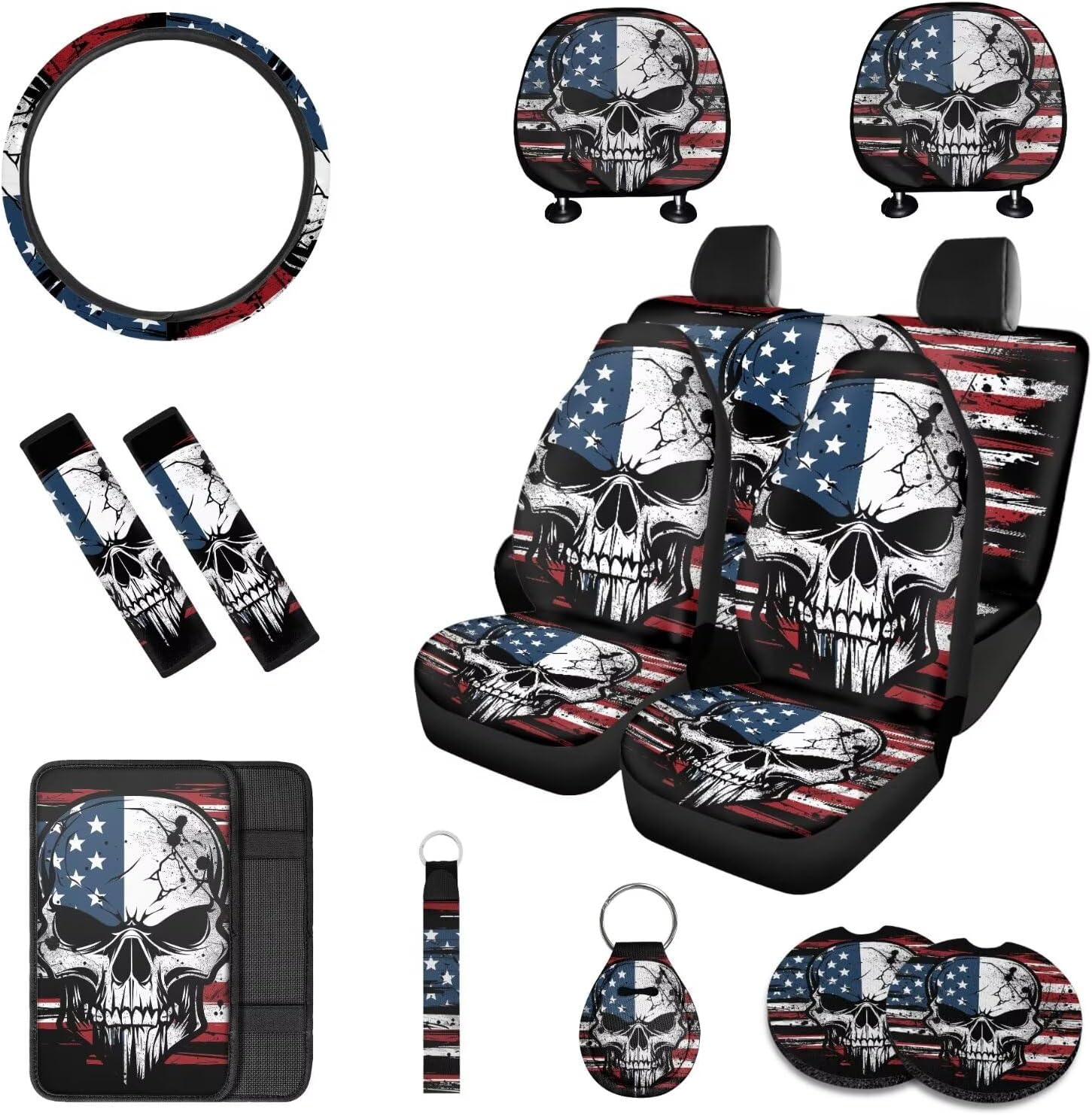 13 Pcs American Flag Skull Car Seat Covers Full Set with Auto Steering Wheel Cover Armrest Cushion Protector Seat Belt Covers, Automotive Interior Sets Unverisal Fit Cars SUV Turcks