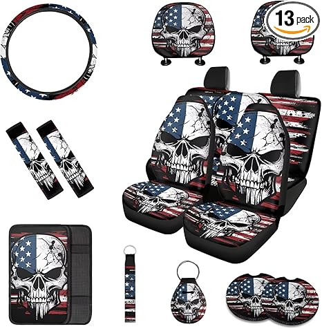 13 Pcs American Flag Skull Car Seat Covers Full Set with Auto Steering Wheel Cover Armrest Cushion Protector Seat Belt Covers, Automotive Interior Sets Unverisal Fit Cars SUV Turcks