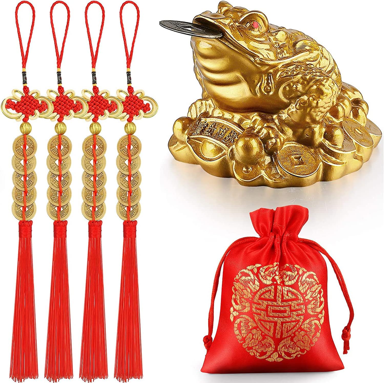 ORiTi Feng Shui Money Frog 4 Pieces Chinese Knot Lucky Coins Feng Shui Red Tassel Hanging Fortune Coin, Red Blessing Bag for Attracting Wealth Success Home Car Decoration