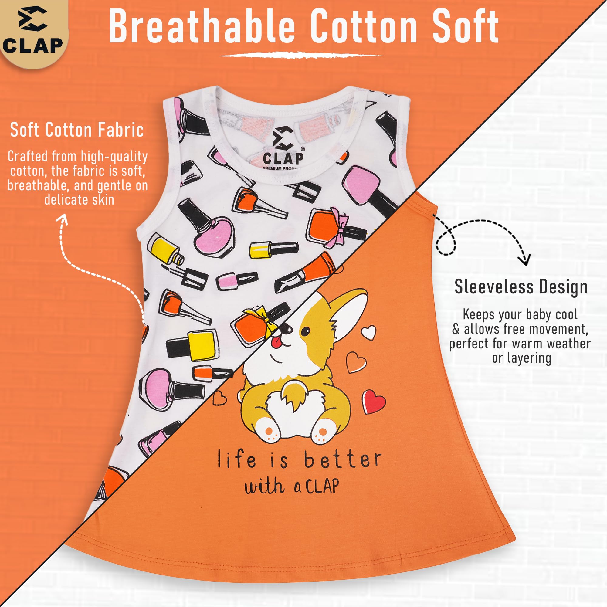 CLAP Baby Girl Cotton Printed A-Line Midi Skirt Dress Multicolor β Combo Set of 4 (Black Orange White Sky Blue, 12-18 Months) 3