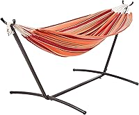 Amazon Basics Double Hammock with 9-Foot Space-Saving Steel Stand, 450 lb Capacity, Orange Stripe - Portable 2-Person Outdoor Hammock