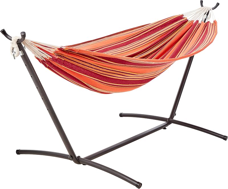 Hamaca doble con soporte de acero de 9 pies para ahorrar espacio y estuche de transporte, 2 personas, capacidad de 450 lb, raya naranja atardecer, 110" x 47" x 43", para exteriores