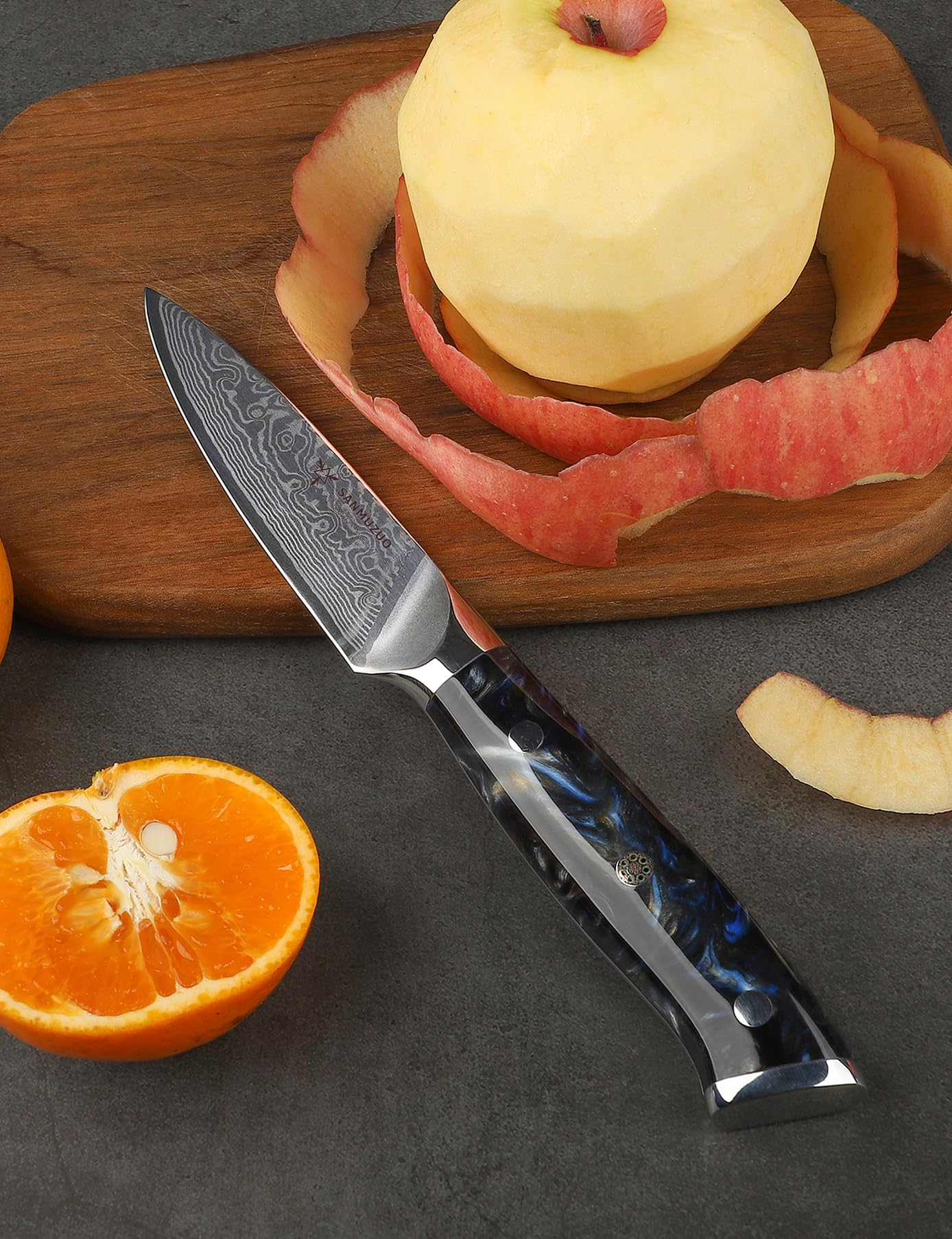 Coltelli per Frutta e Verdura Damasco - Coltello da Cucina 9 cm, Coltelli per Sbucciare di Acciaio Damasco da 67 Strati- Impugnatura Resina - Xuan Series(Nero Stellato)
