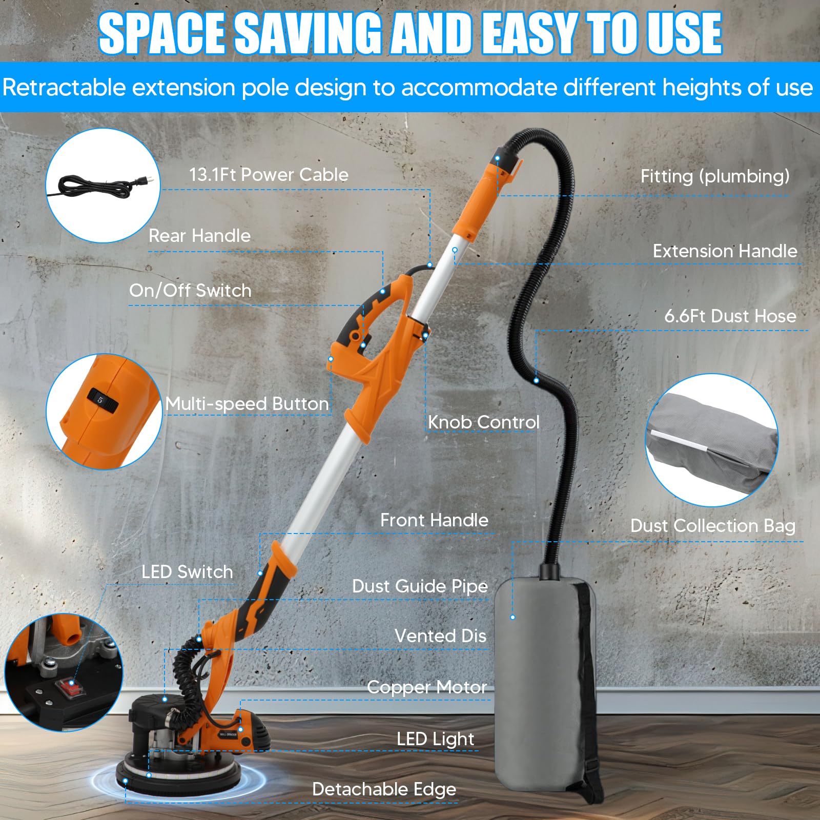 Lijadora Pared y Techo, 1250W, 5 Velocidad Ajustable (800-1800 rpm), Lijadora para paredes con aspirador, Mango Extensible,LED, Con Bolsa Colectora de Polvo