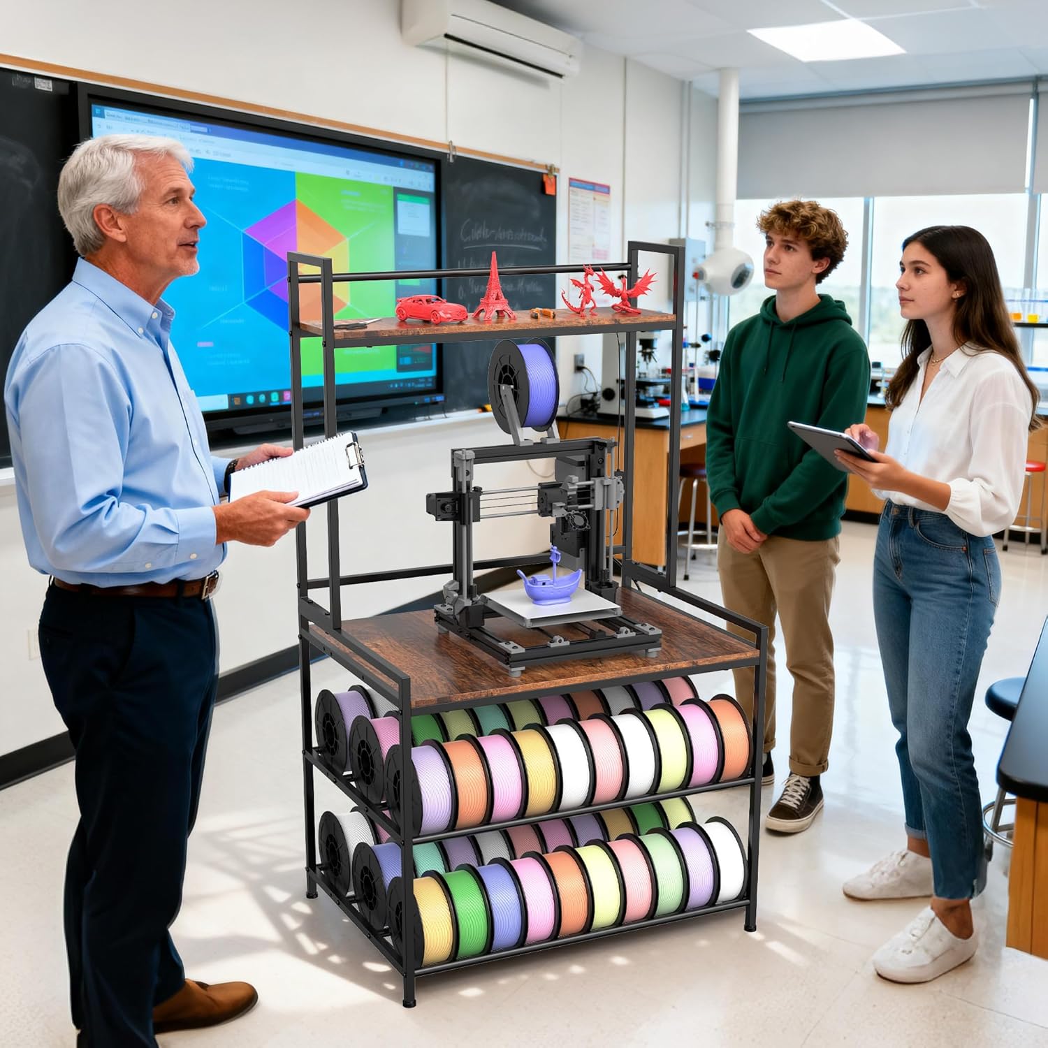 3D Printer Stand with Filament Storage, 3D Printer Table with LED Light and Display Shelf Rack, Heavy Duty Printer Desk Filament Storage Rack for Workshop Offices and Studios(Black)