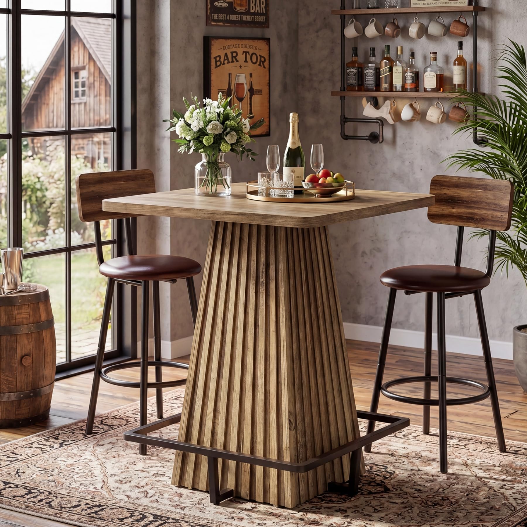 Tribesigns Bartisch, 80 x 80 x 95 cm, Quadratisch Hochtisch mit Metall-Fußstütze, Rustikales Braun Esstisch, Kneipentisch für Zuhause, Küche, Esszimmer, Bistro