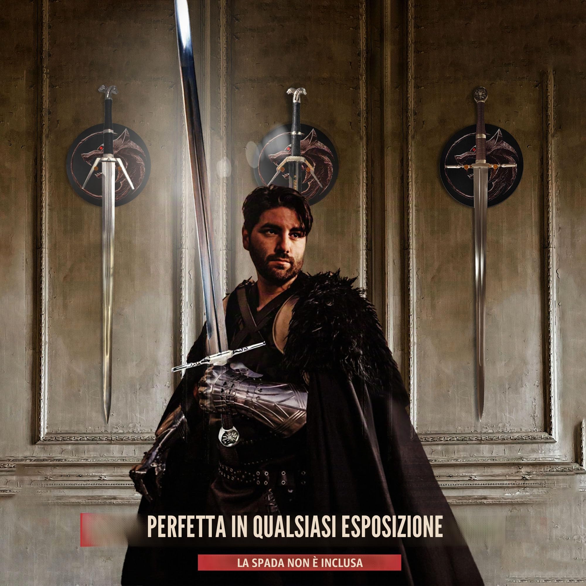 Witcher - Espositore da parete rotondo in legno per spada d'argento & spada d'acciaio di Geralt von Riva, supporto da parete decorativo per collezionisti, cosplay e appassionati di giochi e serie