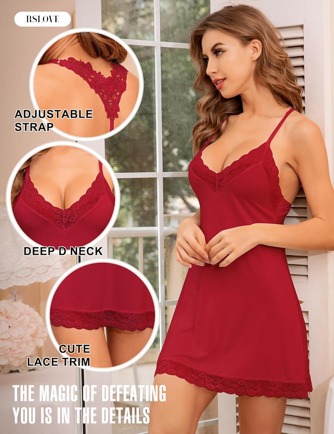 RSLOVE Lingerie For Women Lace Nightgown Sexy Sleepwear Full Slip Babydoll V-Neck Chemises Dress - Image 3