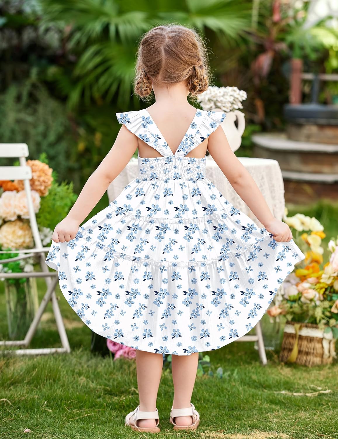 Arshiner Toddler Girls Dress Ruffle High-Low Hem Smocked Dresses Summer Beach Butterfly Sundress with Pocket - Image 5