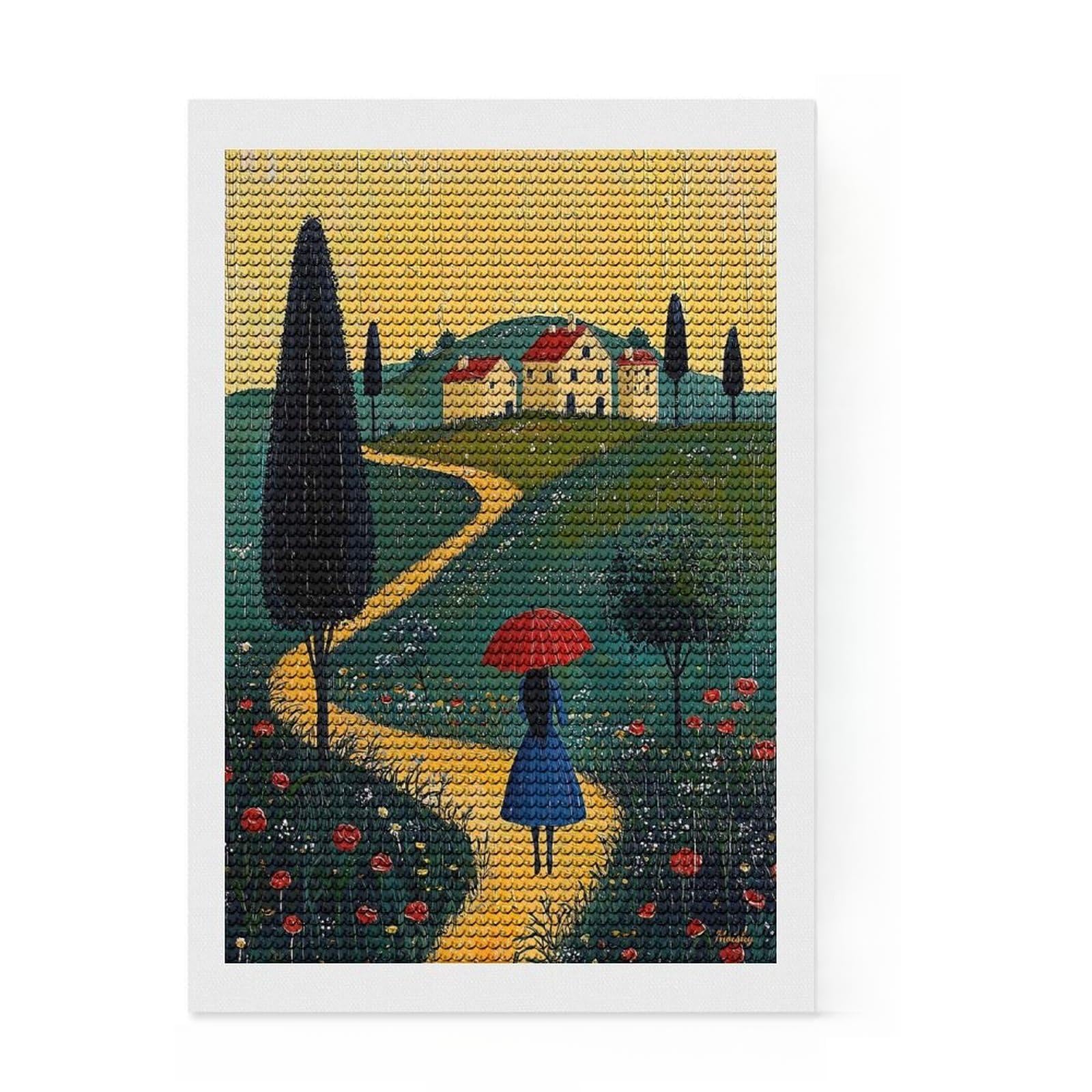 Junmoney Path to Home – Naïf Whimsical Journey Art Diamond Painting Set 8"x12", Neat Printed Canvas, Fun Craft Experience, Boho Decor, Christmas Gift, Printed Canvas