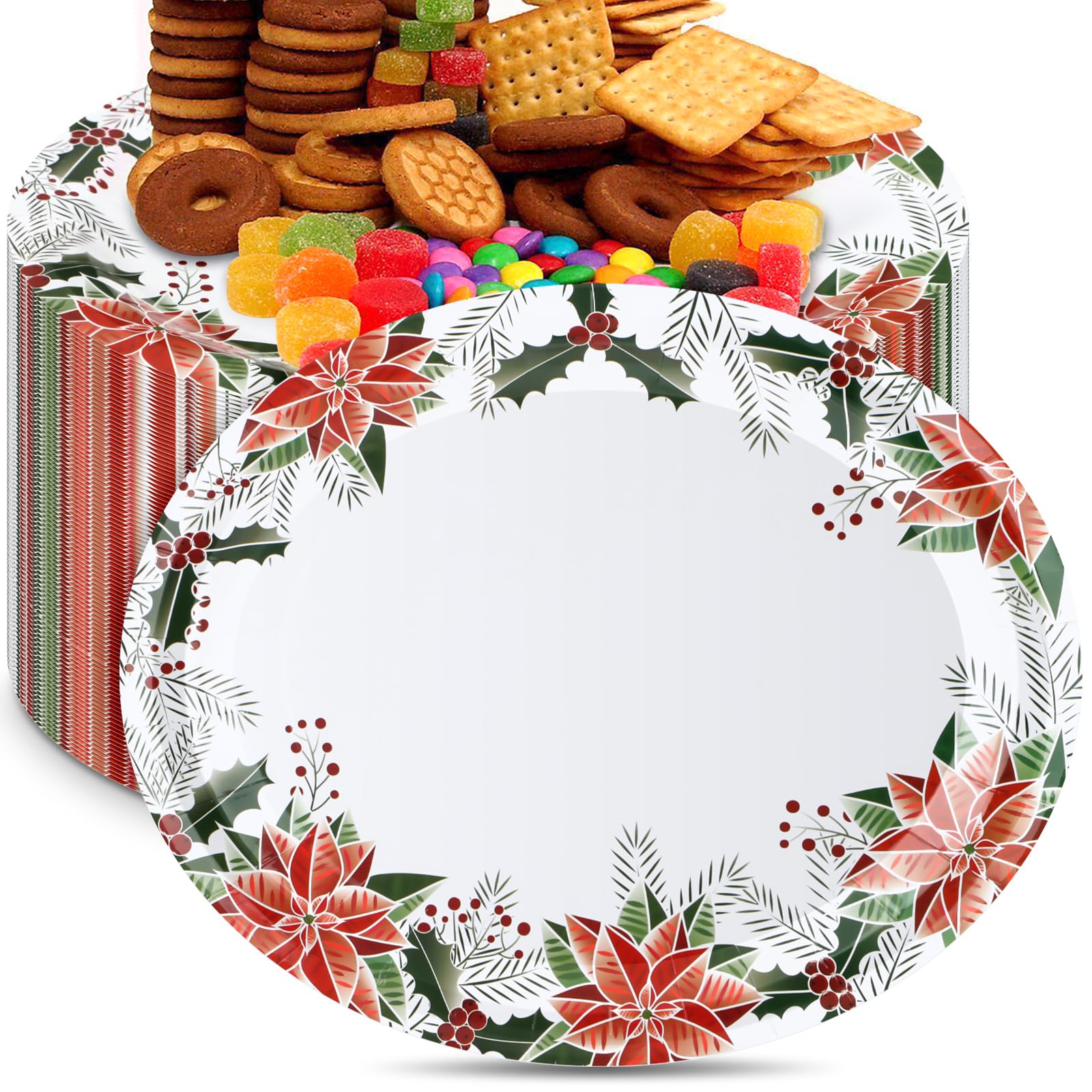 Ziliny 100 Pcs Christmas Oval Paper Plates 10" x 12.5" Large Dinner Serving Platters Decorative Christmas Plates Disposable Trays Dish for Xmas Dinnerware Winter Holiday Party Decorations (Floral)