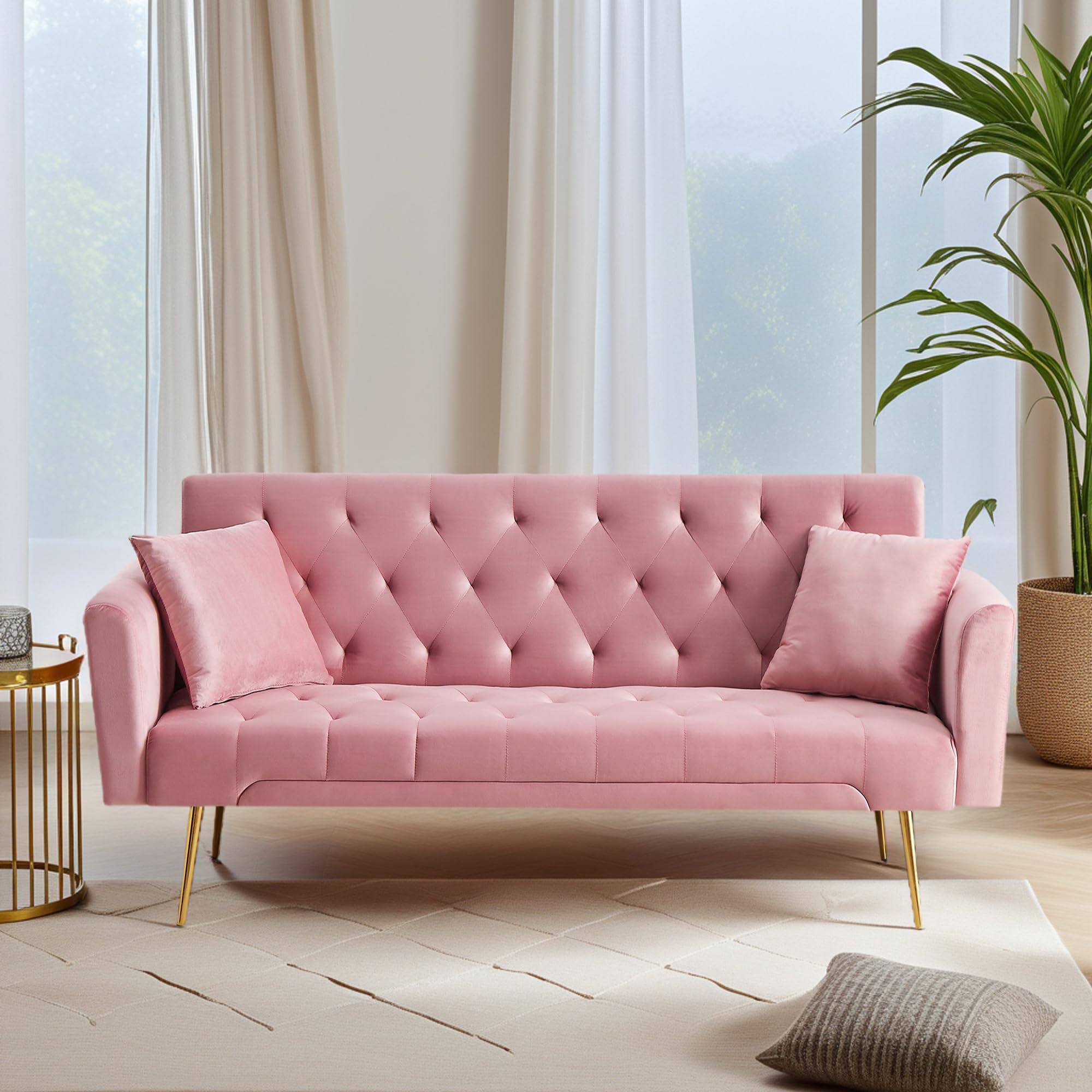 Anwick Modern Velvet Sofa Bed Futon with 2 Pillows,2-in 1 Convertible Sleeper Couch Bed,Folding Recliner Loveseat with Golden Metal Legs for Living