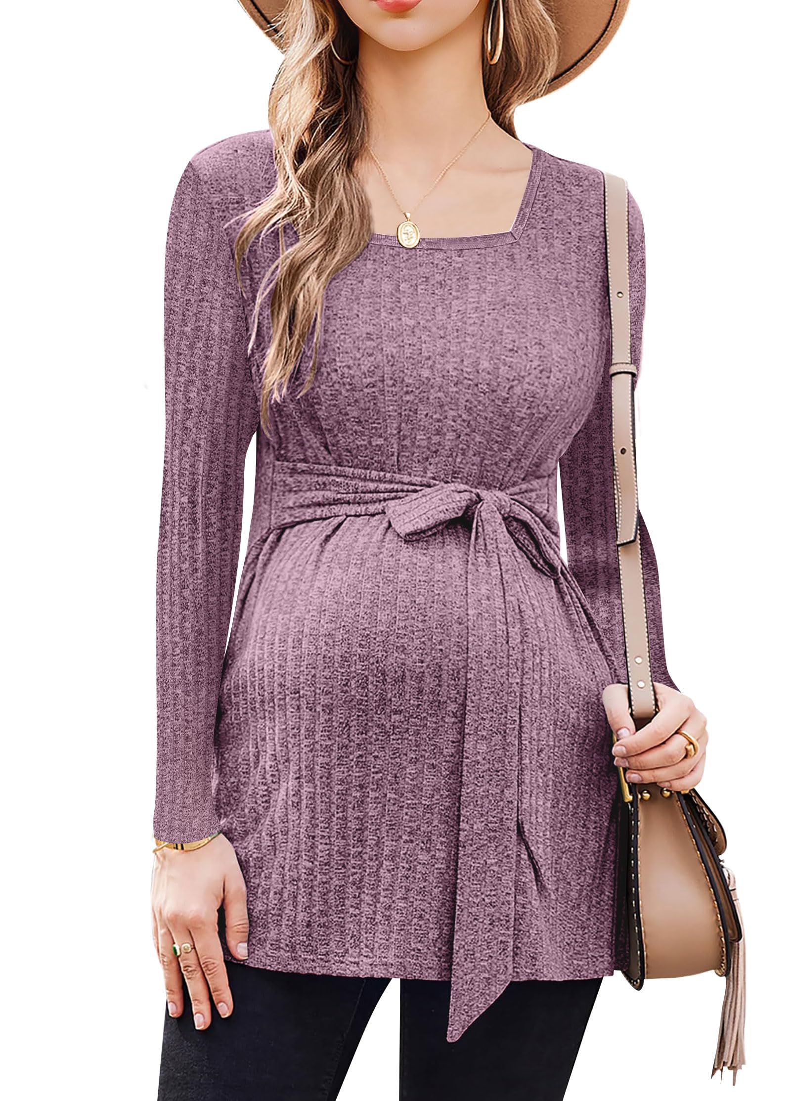 tiorhooe Haut de maternité en tricot à manches longues pour femme - Haut d'allaitement - Col carré - Vêtements de maternité