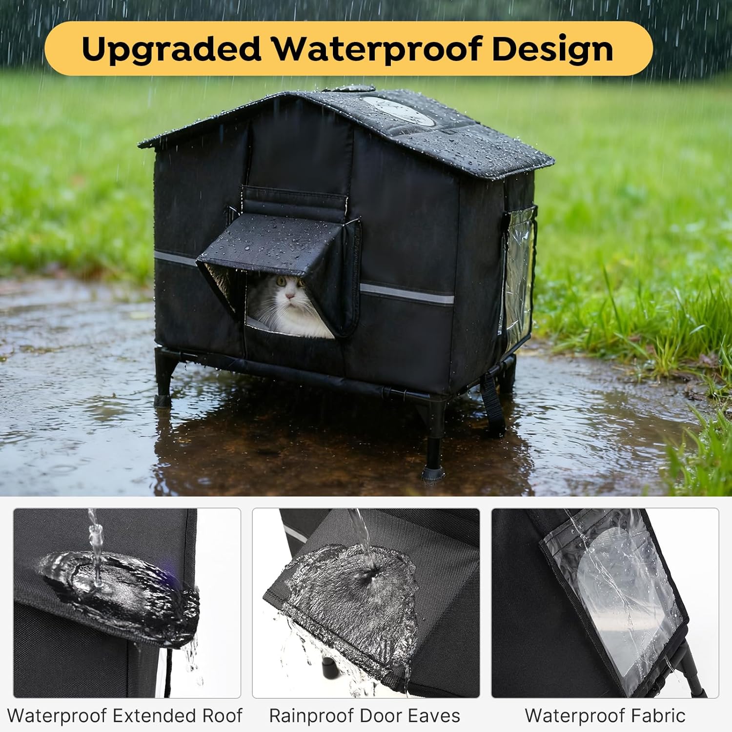Veehoo Outdoor Cat House Weatherproof, Outside Insulated Feral Cat Shelter with Elevated Base, Waterproof Eaves & Escape Door for Stray Barn Cats, 20.9"x13.0"x22.4"