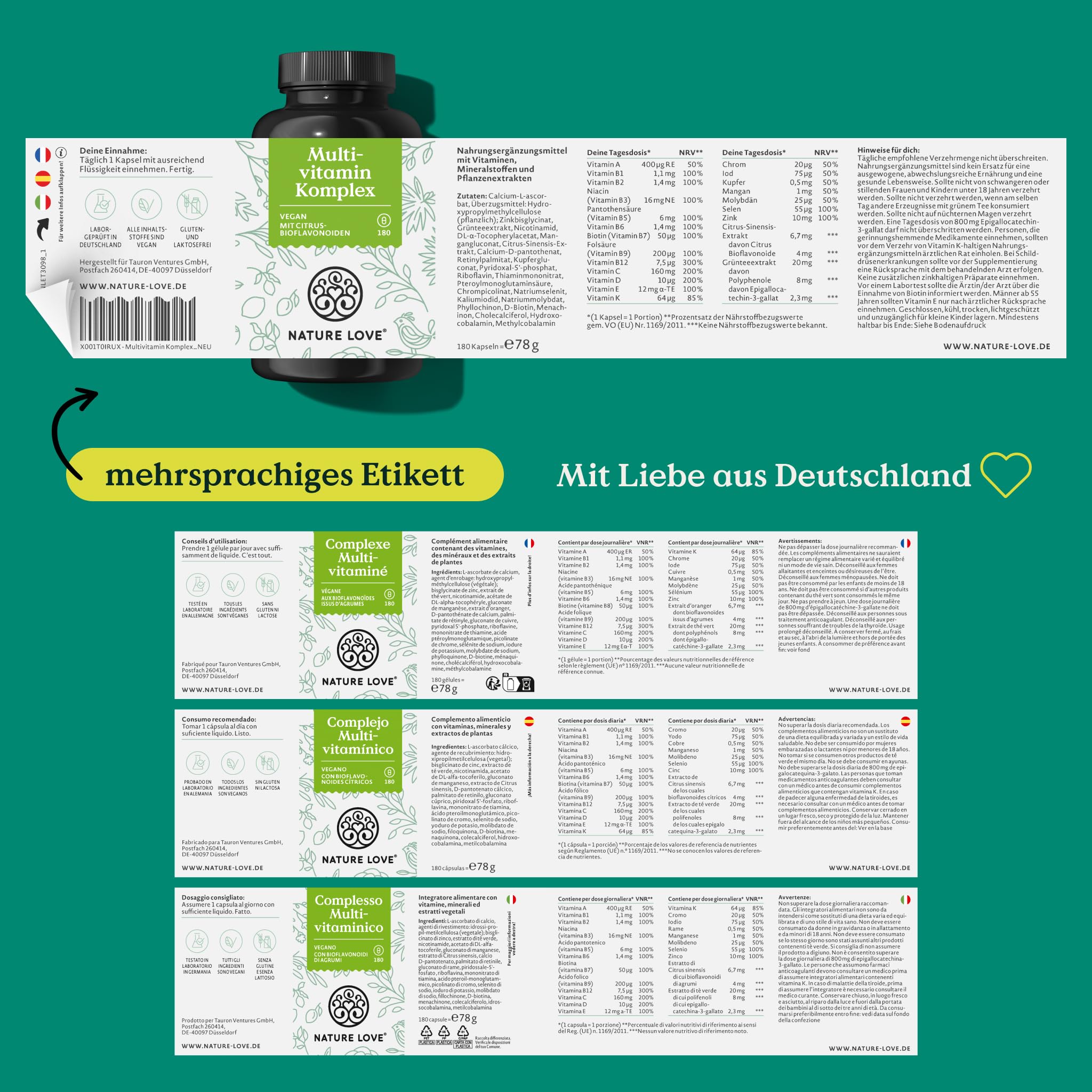 Nature Love Multivitamin Komplex – 180 vegane Kapseln – Vitamine A-Z & Mineralstoffe – mit Grünteeextrakt und Citrus-Bioflavonoiden – hochdosiert und mit Bioaktiv-Formen – laborgeprüft