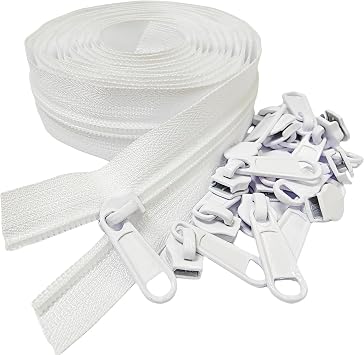MebuZip #5 Nylon Coil Zippers by The Yard Bulk for Sewing 10 Yards White