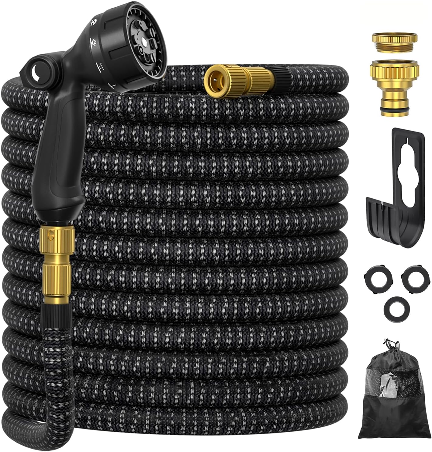 Expandable Garden Hose 100FT, Ultty Hosepipe with 10 Function Nozzle, 1/2" & 3/4" Solid Metal Fittings Durable 3750D Weave No-Kink Lightweight Outdoor Yard Flexible Water Hose, Black