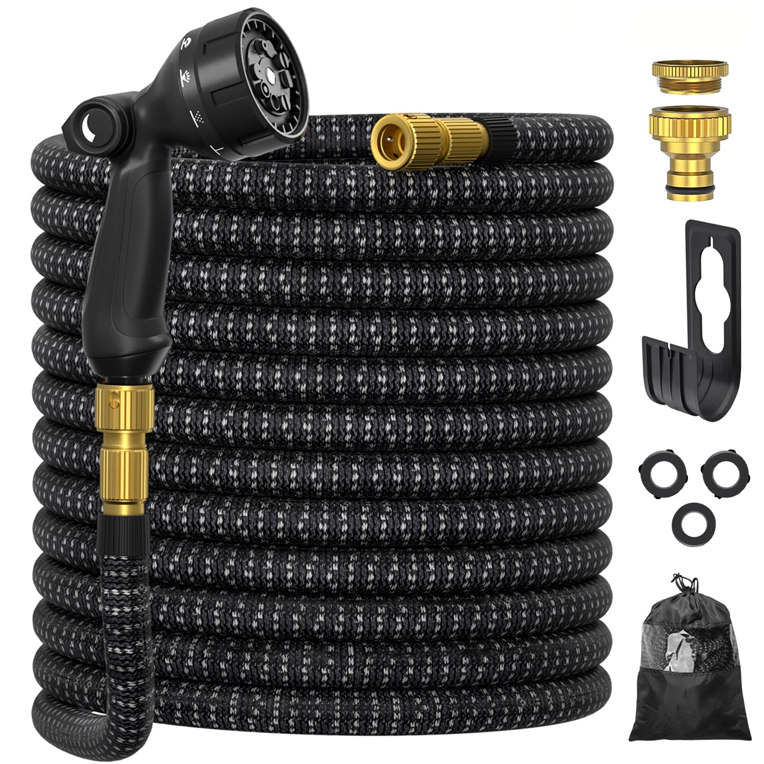 Tuyau d'arrosage 30m, ULTTY Tuyau d’arrosage Extensible avec 1/2" et 3/4" (19mm et 13mm) Adaptateurs, 10 Modes d'Arrosage, Latex Triple Épaisseur Durable avec Raccords en Laiton et Sac, Noir
