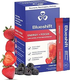 Blueshift Energy + Focus - Less-Sweet Super Clean Plant-Based Energy Drink for Adults, with Guarana, Green Tea, Rhodiola, Caffeine, B Vitamins for Clarity & Focus, No Sugar - Powder Sticks (10 Pack)