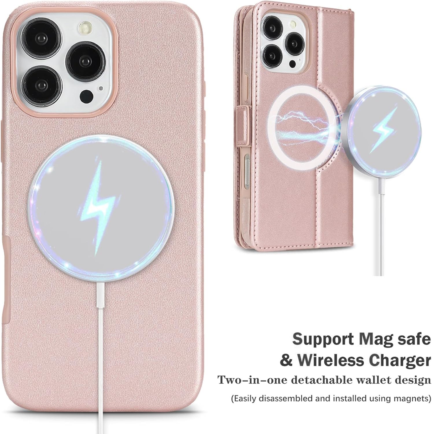 Jaorty for iPhone 16 Pro Max Detachable Wallet Case, [Compatible with MagSafe] [Card Holder] [Zipper Pocket],2-in-1 PU Leather Flip Purse Kickstand Wrist Strap Magnetic Cover,Rosegold