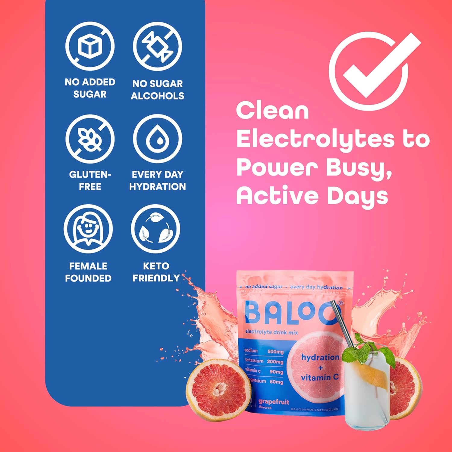 Baloo Electrolytes Powder Packets - No Added Sugar - Hydration Packets with Real Fruit & Unrefined Sea Salt - Powered by Magnesium, Potassium & VIT C for Daily Clean Hydration - Grapefruit - 30ct