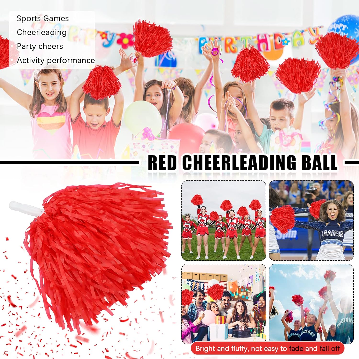 Faxco 12Pack Plastic Pom Poms Cheerleading Pom Poms Sports Dance Cheer Plastic Pom Pom for Rooters,Cheering Squard,Cheering Team (red) - Image 4