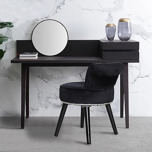 Miniatura 4 de VEIKOU Sillas de tocador, silla de tocador negra con respaldo, silla de maquillaje de terciopelo para baño con acolchado redondo, silla de tocador