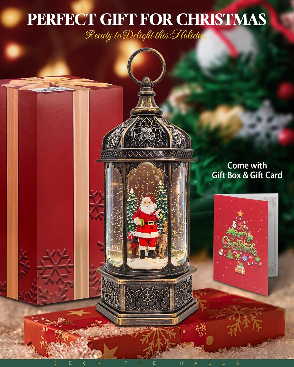 Large Musical Christmas Snow Globes Lantern, 13" Lighted Electric Snowglobes with 8 Holiday Songs, 6H Timer Dual Power, Santa & Deer Christmas Ornaments Snow Globe for Kids Adults, Gifts for Men Women