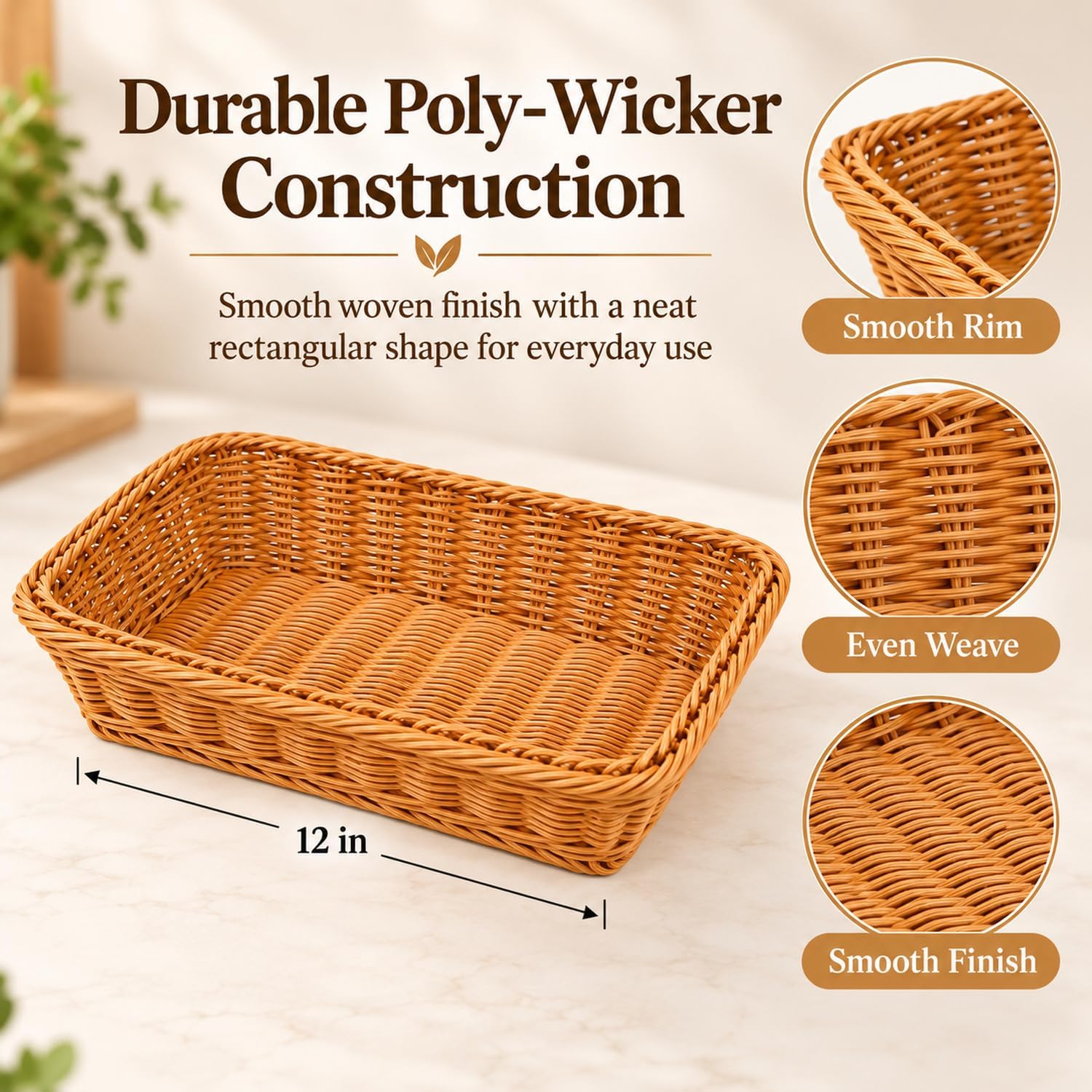 2 Pack Wicker Bread Baskets, 12 Inch Rectangular Serving Trays