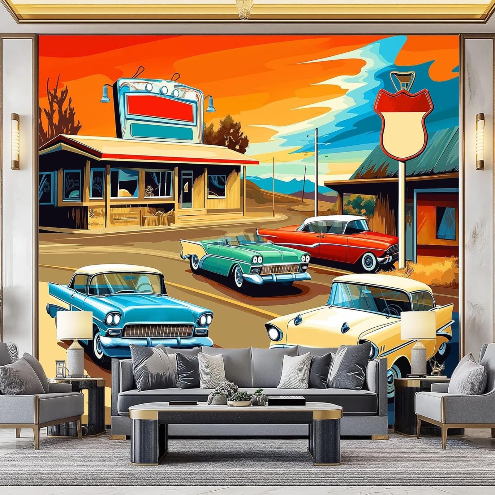 Papier peint mural 3D intissé lavable anti-imperfection motif voitures pour chambre 350x256