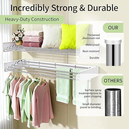 Miniatura 4 de Tendedero de pared retráctil para ropa sucia, 31.5 pulgadas con capacidad de 60 libras, estante de secado de ropa resistente, diseño plegable que