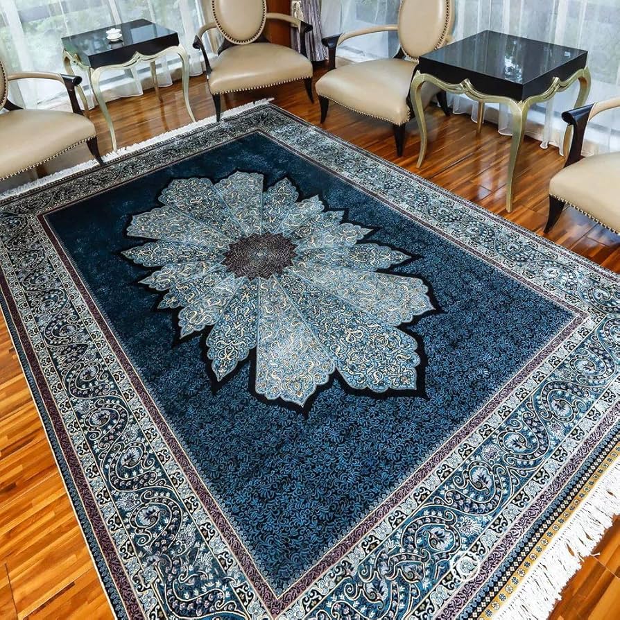 52×141 \"幸せの青い鳥\" ViNTAGE TURKiSH RUG 7' x 10' - Vintage Turkish Area Rug, Blue - Ofelia | Kuden Rugs