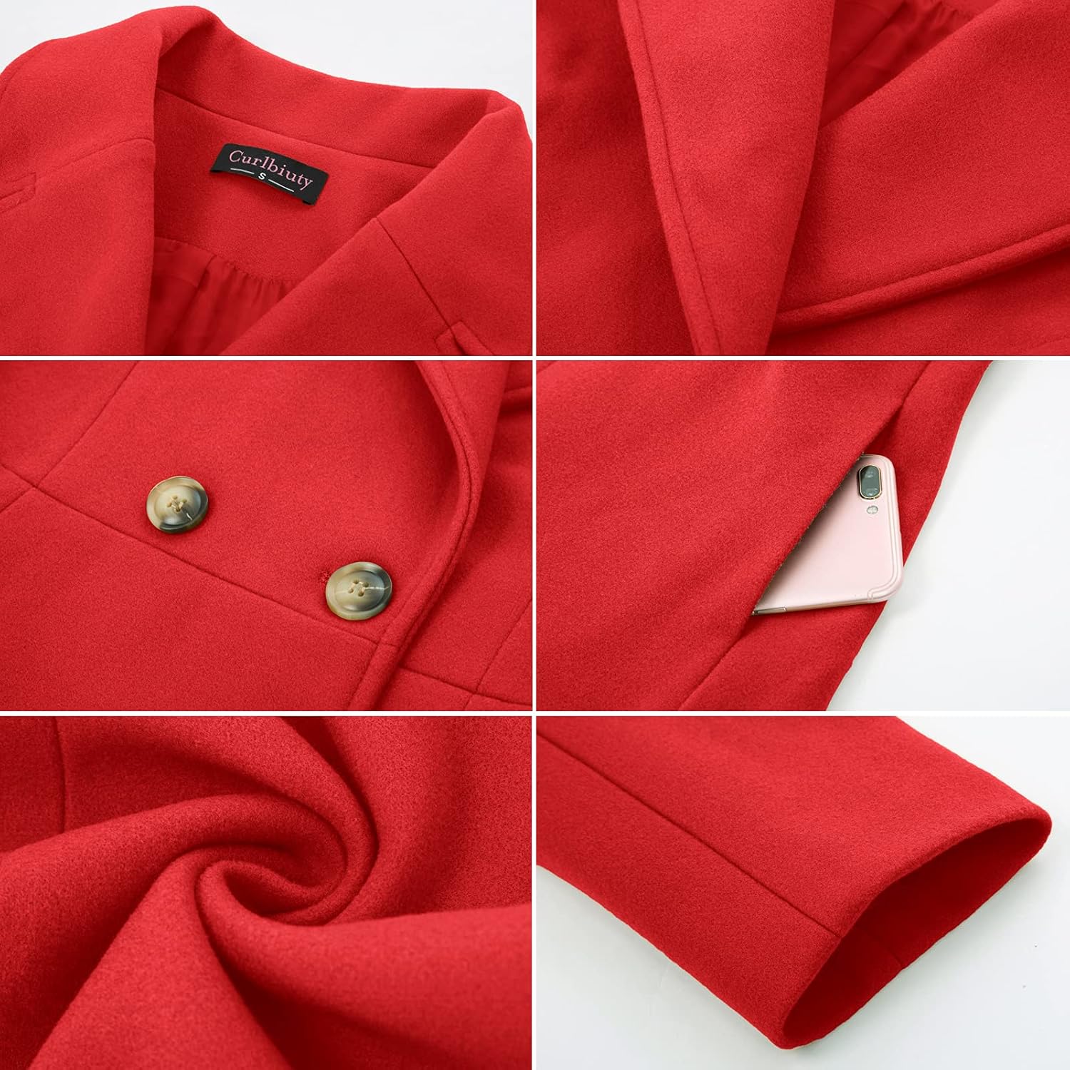 CURLBIUTY Women's Pea Coat Double Breasted A Line Long Trench Coat Winter Dress Coat with Pockets - Image 6