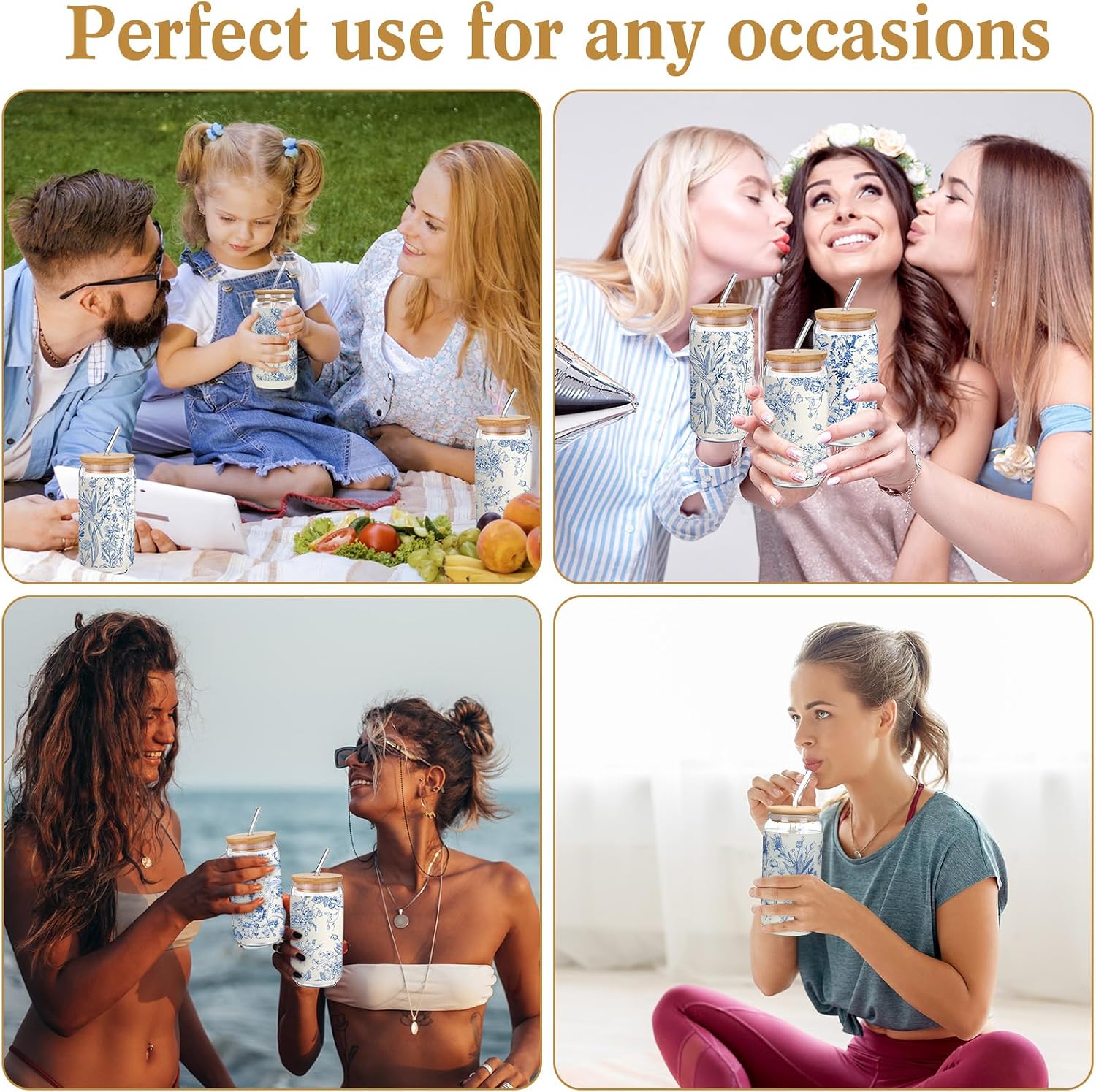 Cunhill 4 Set Glass Cups with Lids and Straws 16 oz Iced Coffee Cups with Lids Blue and White Flower Tumblers for Birthday Wedding Party Gifts Include 4 Cleaning Brushes