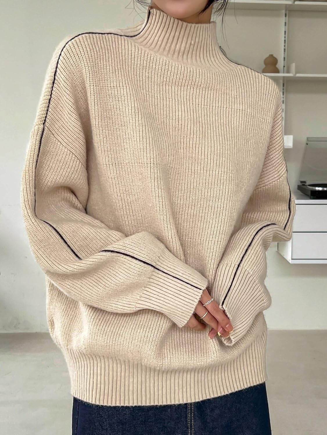 Women's Sweater Seam Detail High Neck Drop Shoulder Sweater Sweater for Women (Color : Apricot, Size : Medium)