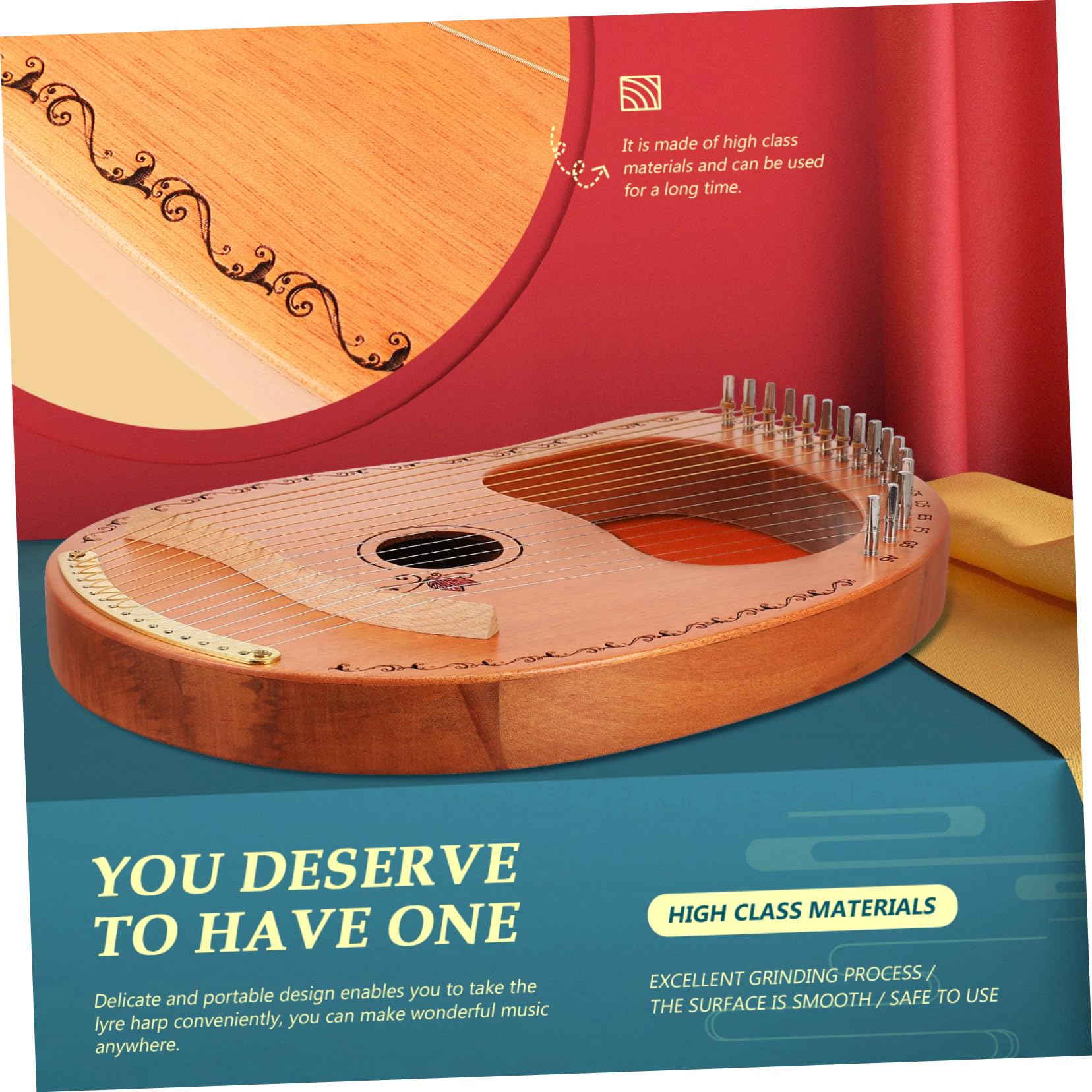 Yardwe Arpa De Lira De Madera Natural 16 Cuerdas Para Principiantes, Instrumento Musical Portátil Seguro Bordes Redondeados, Adecuado Para Niños y Amantes Música